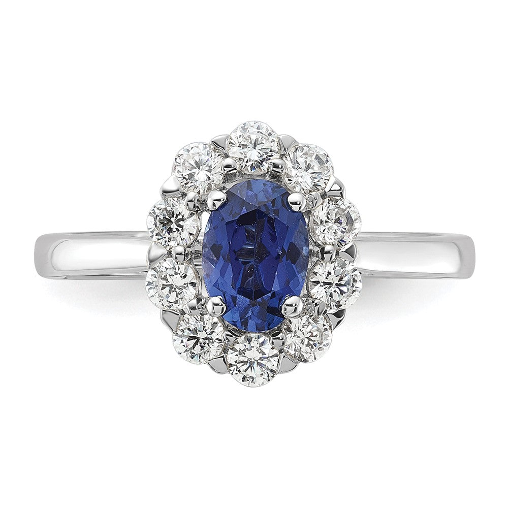 10k White Gold 5/8 carat Lab Grown Diamond VS/SI+ G+ and Oval Lab Created Blue Sapphire Complete Halo Fashion Ring