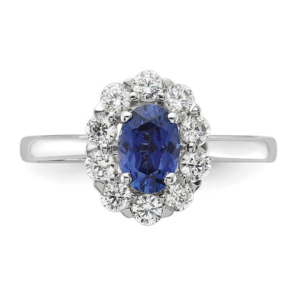 10k White Gold 5/8 carat Lab Grown Diamond VS/SI+ G+ and Oval Lab Created Blue Sapphire Complete Halo Fashion Ring