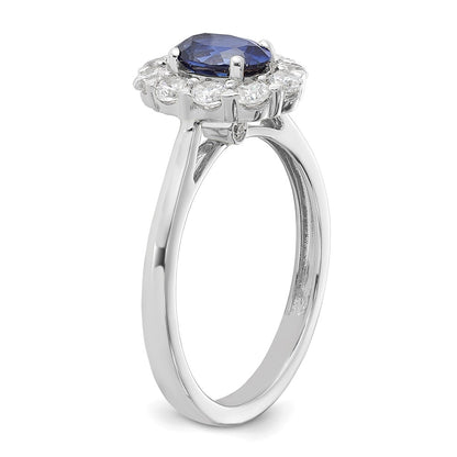 14k White Gold 5/8 carat Lab Grown Diamond VS/SI+ G+ and Oval Lab Created Blue Sapphire Complete Halo Fashion Ring