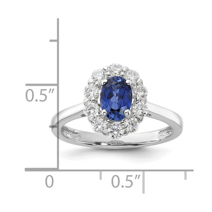14k White Gold 5/8 carat Lab Grown Diamond VS/SI+ G+ and Oval Lab Created Blue Sapphire Complete Halo Fashion Ring