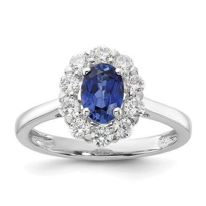 10k White Gold 5/8 carat Lab Grown Diamond VS/SI+ G+ and Oval Lab Created Blue Sapphire Complete Halo Fashion Ring