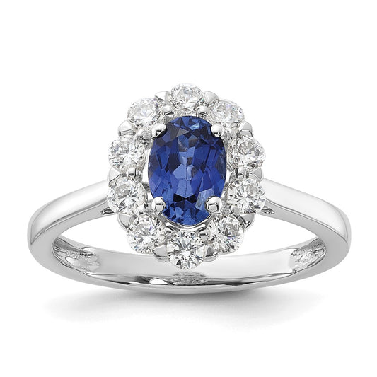 10k White Gold 5/8 carat Lab Grown Diamond VS/SI+ G+ and Oval Lab Created Blue Sapphire Complete Halo Fashion Ring