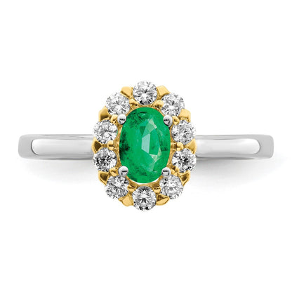 14k Two-Tone 5/8 carat Lab Grown Diamond VS/SI+ G+ and Oval Lab Created Emerald Complete Halo Fashion Ring