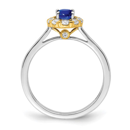 14k Two-Tone 5/8 carat Lab Grown Diamond VS/SI+ G+ and Oval Lab Created Blue Sapphire Complete Halo Fashion Ring