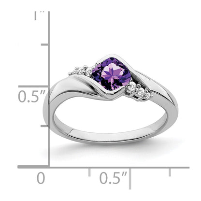 10k White Gold 5mm Cushion Amethyst and 1/20 carat Diamond Ring