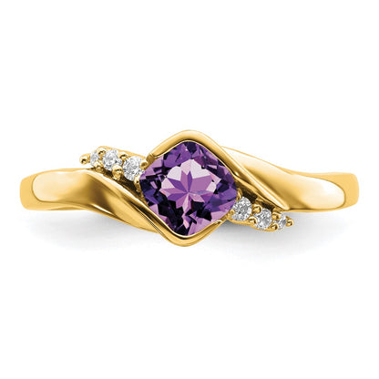 10k Yellow Gold 5mm Cushion Amethyst and 1/20 carat Diamond Ring