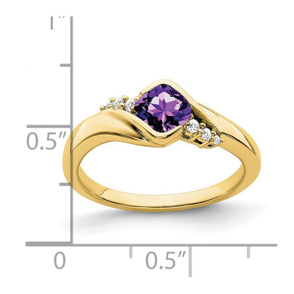 10k Yellow Gold 5mm Cushion Amethyst and 1/20 carat Diamond Ring