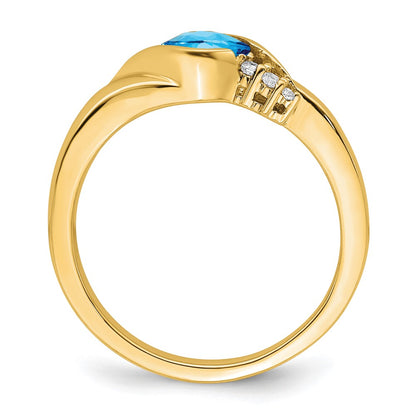 10k Yellow Gold 5mm Cushion Blue Topaz and 1/20 carat Diamond Ring