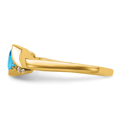 10k Yellow Gold 5mm Cushion Blue Topaz and 1/20 carat Diamond Ring