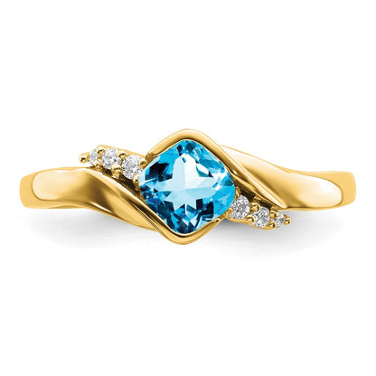 10k Yellow Gold 5mm Cushion Blue Topaz and 1/20 carat Diamond Ring