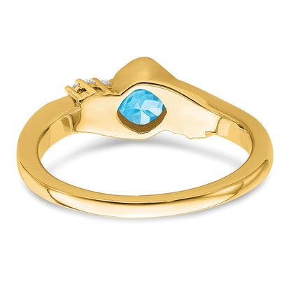 10k Yellow Gold 5mm Cushion Blue Topaz and 1/20 carat Diamond Ring