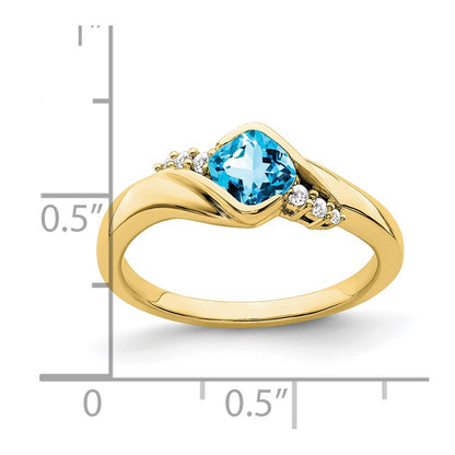 10k Yellow Gold 5mm Cushion Blue Topaz and 1/20 carat Diamond Ring