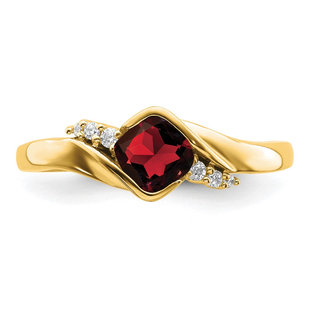 10k Yellow Gold 5mm Cushion Garnet and 1/20 carat Diamond Ring