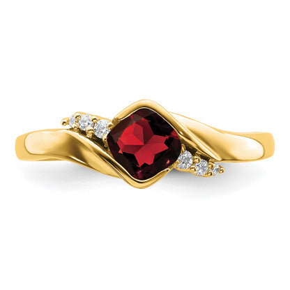 10k Yellow Gold 5mm Cushion Garnet and 1/20 carat Diamond Ring