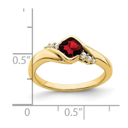 10k Yellow Gold 5mm Cushion Garnet and 1/20 carat Diamond Ring
