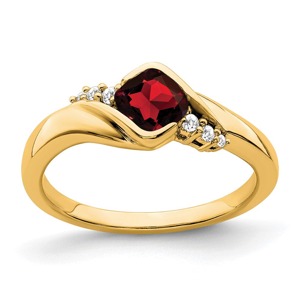 10k Yellow Gold 5mm Cushion Garnet and 1/20 carat Diamond Ring