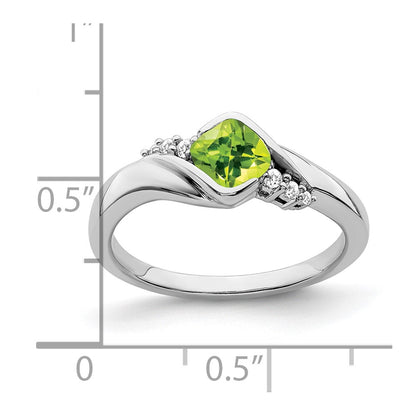 10k White Gold 5mm Cushion Peridot and 1/20 carat Diamond Ring
