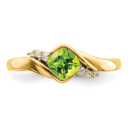 10k Yellow Gold 5mm Cushion Peridot and 1/20 carat Diamond Ring