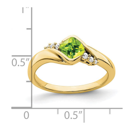 10k Yellow Gold 5mm Cushion Peridot and 1/20 carat Diamond Ring