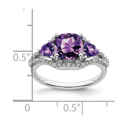 10k White Gold 4mm Trillion / 7mm Cushion Amethyst and 1/15 carat Diamond 3-Stone Ring