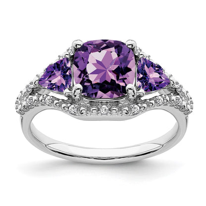 10k White Gold 4mm Trillion / 7mm Cushion Amethyst and 1/15 carat Diamond 3-Stone Ring