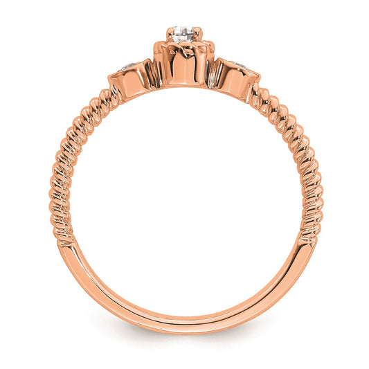 14k Rose Gold Roped Band Petite 3-Stone 1/15 carat Round Diamond Complete Promise/Engagement Ring