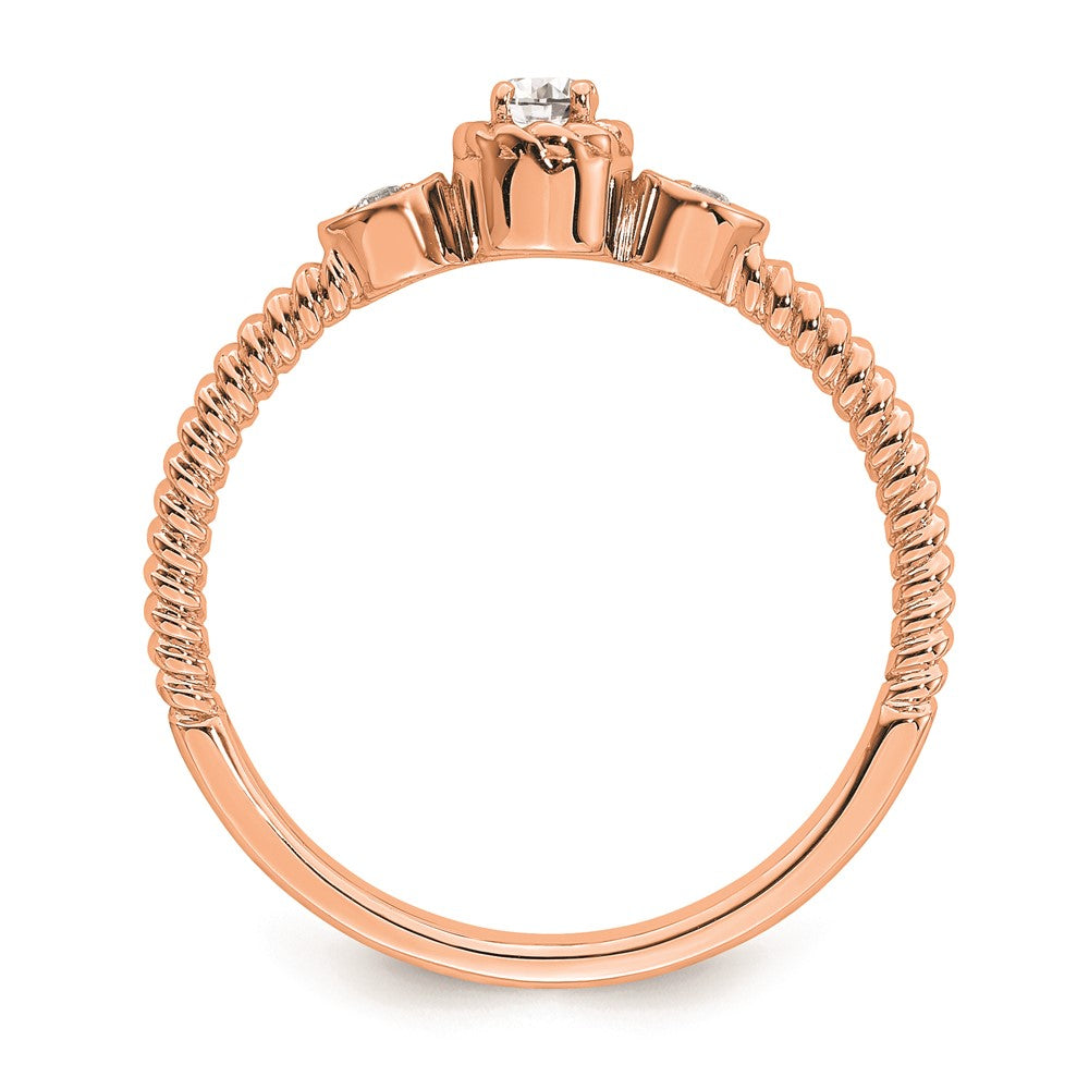 14k Rose Gold Roped Band Petite 3-Stone 1/15 carat Round Diamond Complete Promise/Engagement Ring