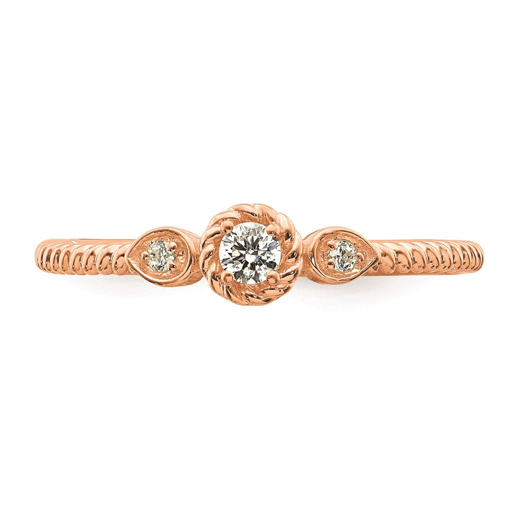 14k Rose Gold Roped Band Petite 3-Stone 1/15 carat Round Diamond Complete Promise/Engagement Ring