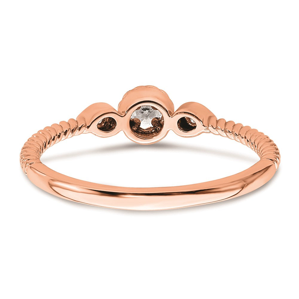 14k Rose Gold Roped Band Petite 3-Stone 1/15 carat Round Diamond Complete Promise/Engagement Ring
