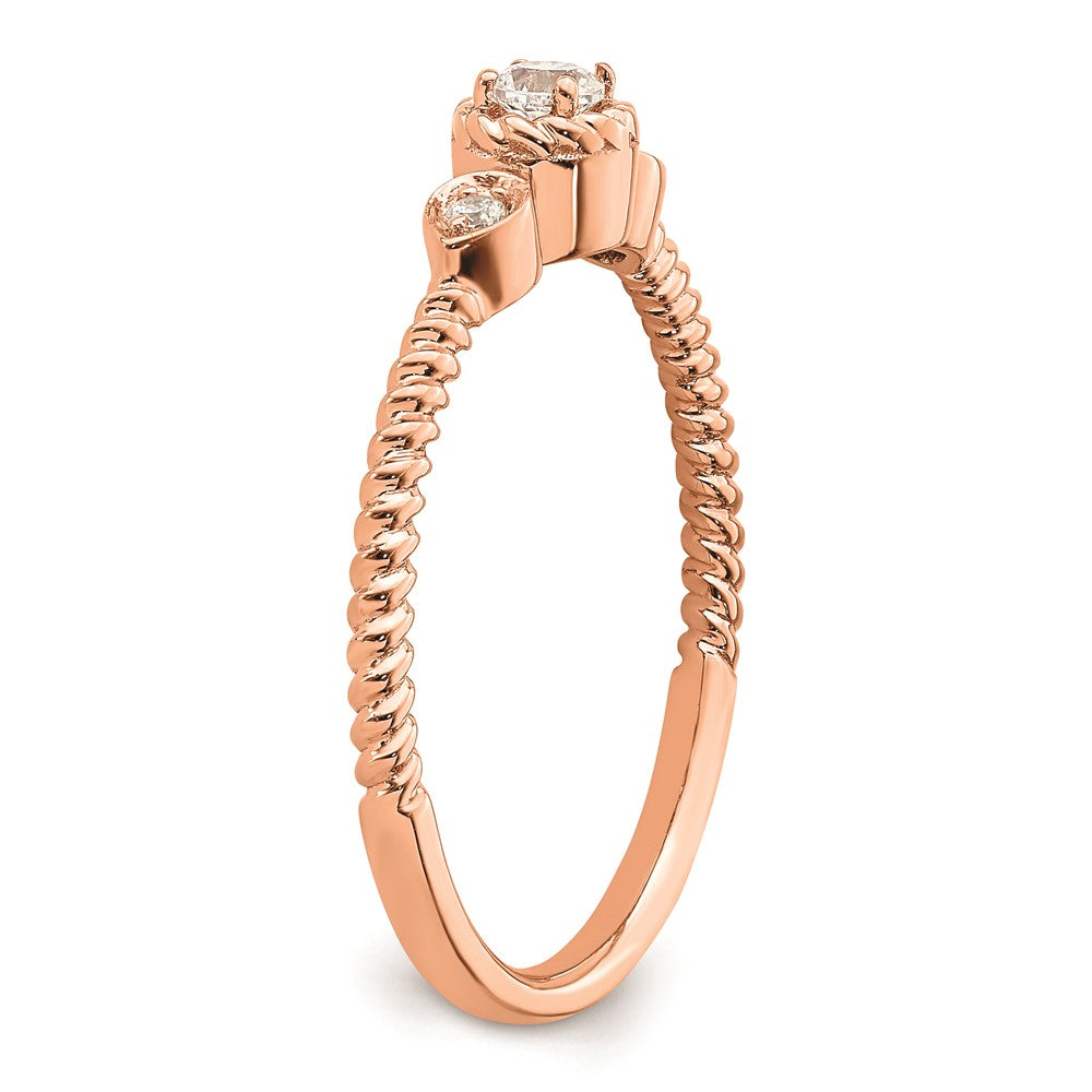 14k Rose Gold Roped Band Petite 3-Stone 1/15 carat Round Diamond Complete Promise/Engagement Ring
