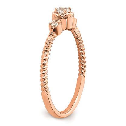 14k Rose Gold Roped Band Petite 3-Stone 1/15 carat Round Diamond Complete Promise/Engagement Ring