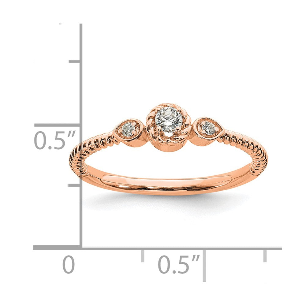 14k Rose Gold Roped Band Petite 3-Stone 1/15 carat Round Diamond Complete Promise/Engagement Ring