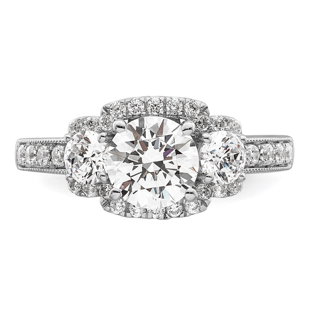 14K White 3-Stone Plus (Holds 1 carat (6.5mm) Round Center) Halo Semi-Mount Diamond Engagement Ring