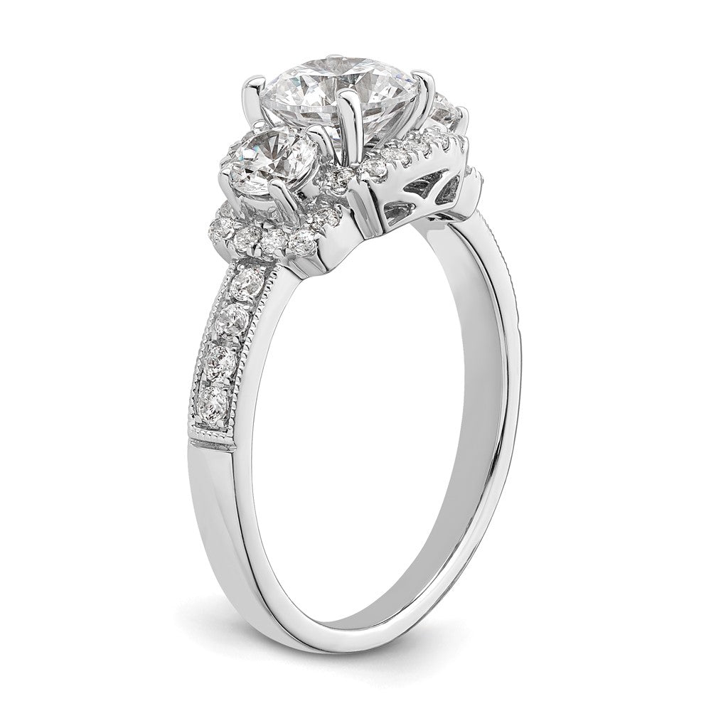 14K White 3-Stone Plus (Holds 1 carat (6.5mm) Round Center) Halo Semi-Mount Diamond Engagement Ring