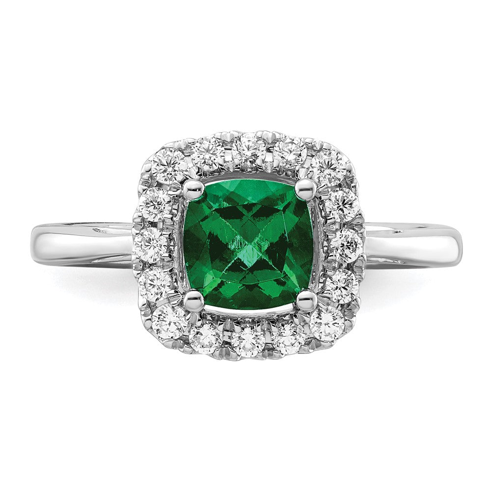 14k White Gold 1/4 carat Lab Grown Diamond VS/SI+ G+ May Birthstone Lab Created Emerald Halo Ring