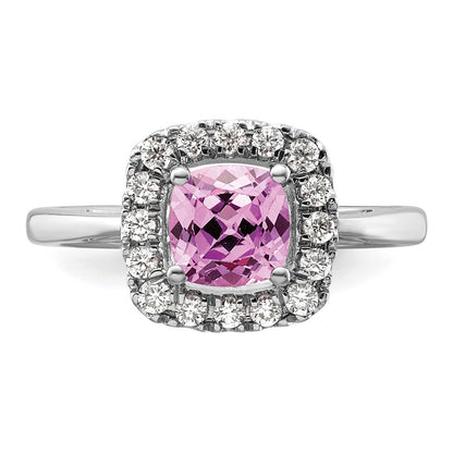 14k White Gold 1/4 carat Lab Grown Diamond VS/SI+ G+ October Birthstone Lab Created Pink Sapphire Halo Ring