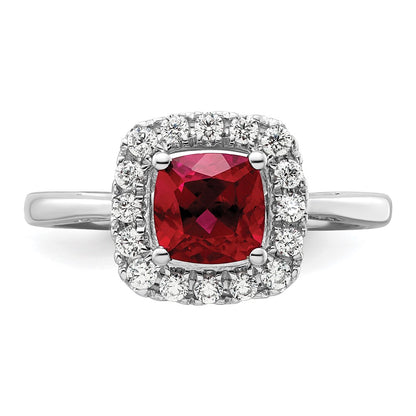 14k White Gold 1/4 carat Lab Grown Diamond VS/SI+ G+ July Birthstone Lab Created Ruby Halo Ring
