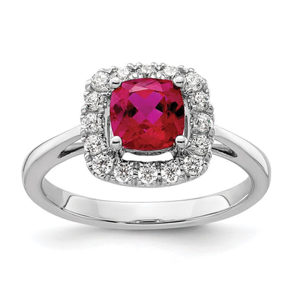 14k White Gold 1/4 carat Lab Grown Diamond VS/SI+ G+ July Birthstone Lab Created Ruby Halo Ring