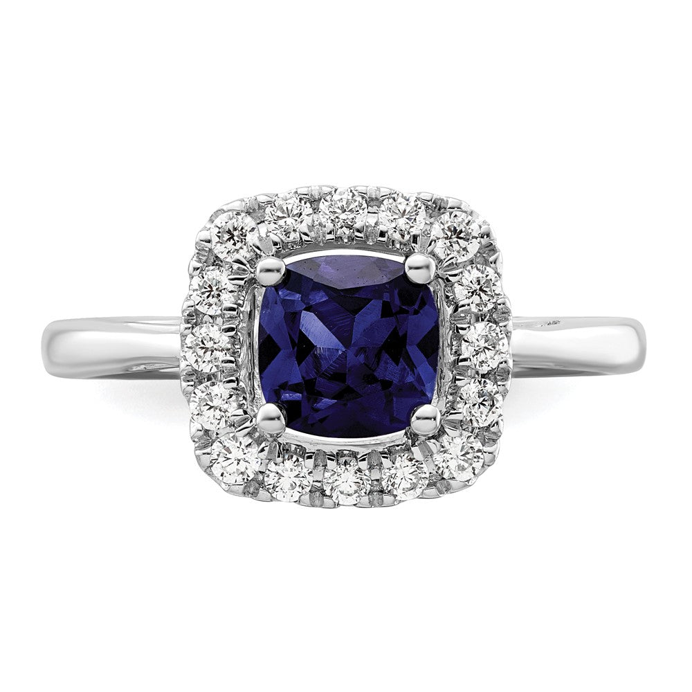 14k White Gold 1/4 carat Lab Grown Diamond VS/SI+ G+ September Birthstone Lab Created Blue Sapphire Halo Ring