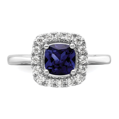 14k White Gold 1/4 carat Lab Grown Diamond VS/SI+ G+ September Birthstone Lab Created Blue Sapphire Halo Ring