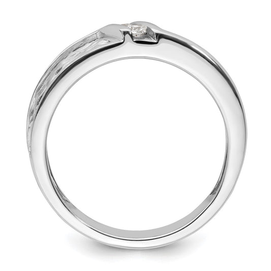 14k White Gold Polish & Satin Hammered Diamond Mens Wedding Band