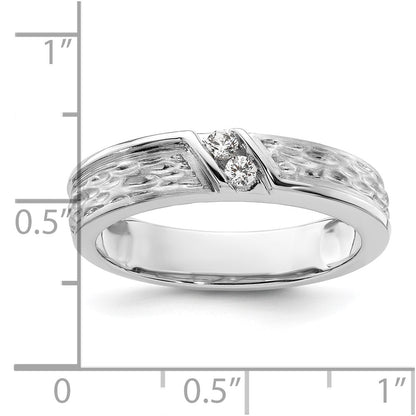 14k White Gold Polish & Satin Hammered Diamond Mens Wedding Band