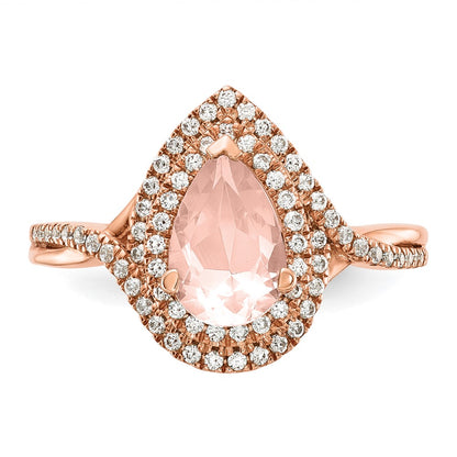 14k Rose Gold Blooming Bridal Morganite Pear Complete Engagement Ring
