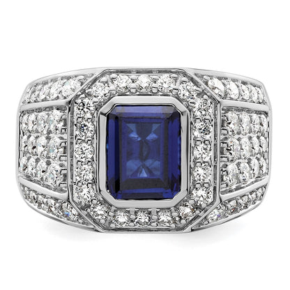IBGoodman 10k White Gold 1 7/8 carat Lab Grown Diamond VS/SI+ G+ and Lab Created Blue Sapphire Men's Ring