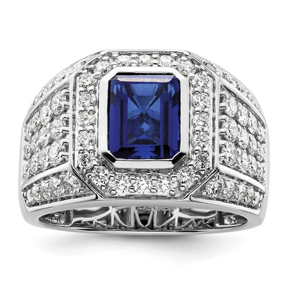 IBGoodman 10k White Gold 1 7/8 carat Lab Grown Diamond VS/SI+ G+ and Lab Created Blue Sapphire Men's Ring