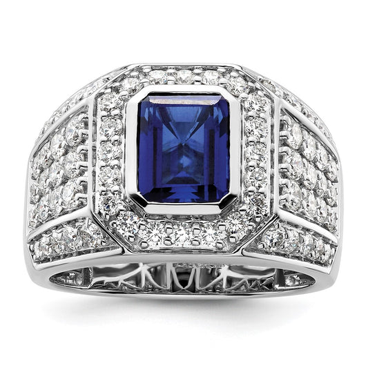 IBGoodman 10k White Gold 1 7/8 carat Lab Grown Diamond VS/SI+ G+ and Lab Created Blue Sapphire Men's Ring