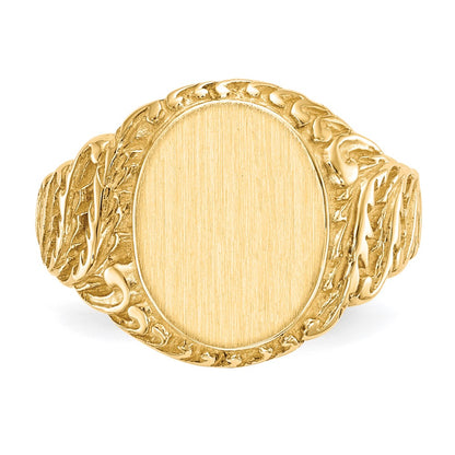 10k 13.0x10.5mm Oval Leaves Closed Back Mens Signet Ring