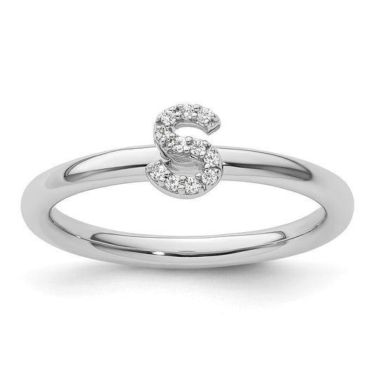 14K White Gold Stackable Diamond Initial S Size 7 Ring