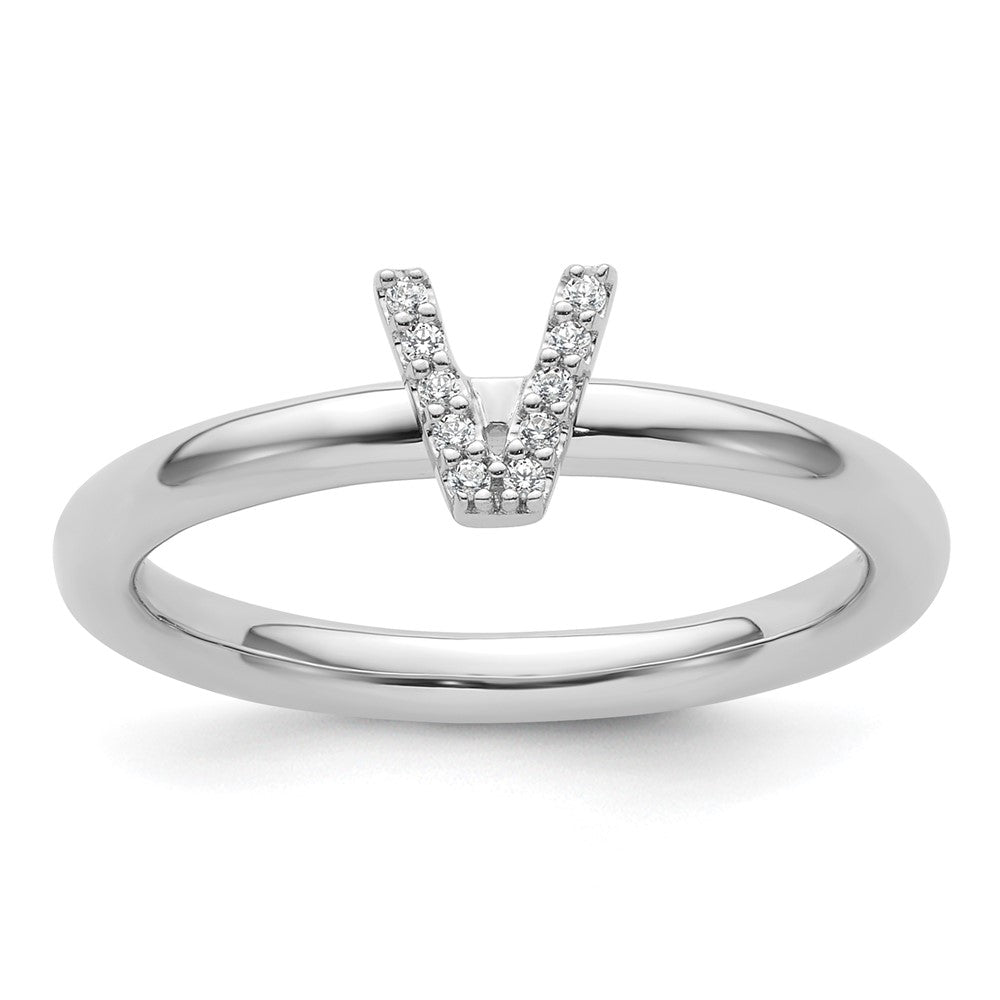 14K White Gold Stackable Diamond Initial V Size 7 Ring