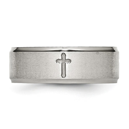 Chisel Stainless Steel Brushed and Polished Cross 8mm Ridged Edge Band
